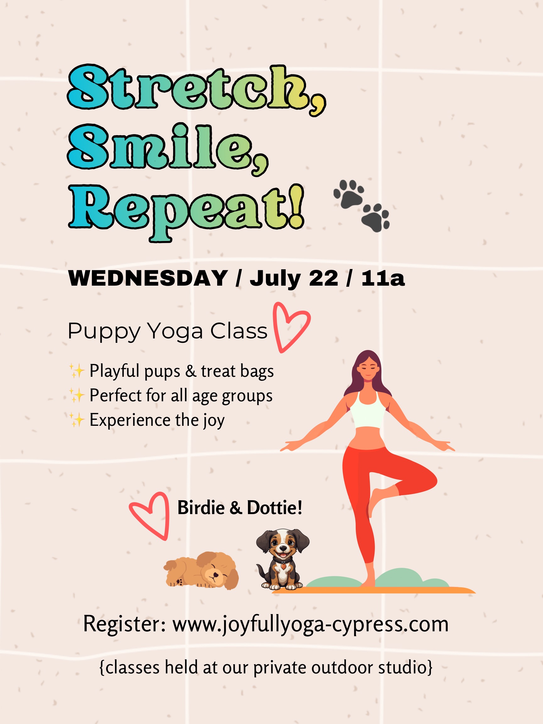 Puppy Yoga Class event flyer — Wednesday July 22